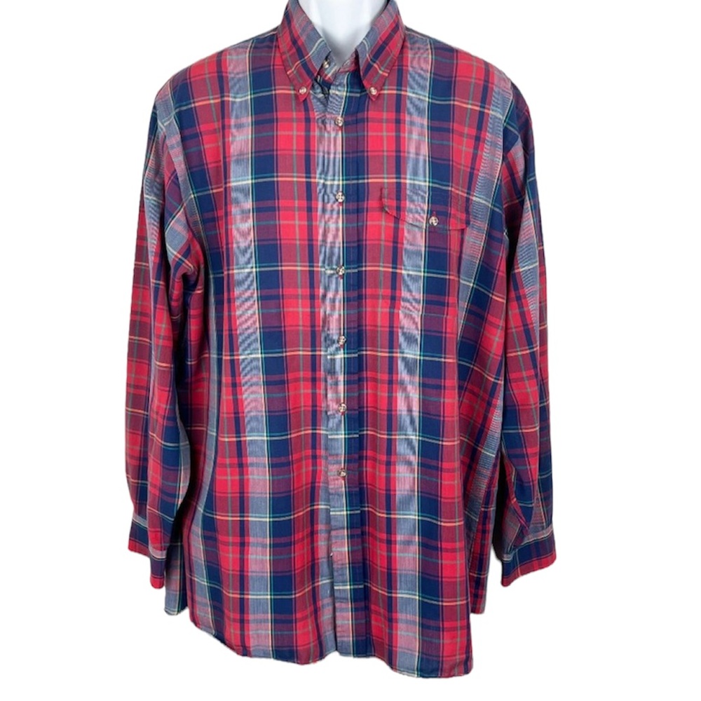 The Fox Collection Button Down Shirt Men XL Tall Red Blue Plaid Long Sleeve